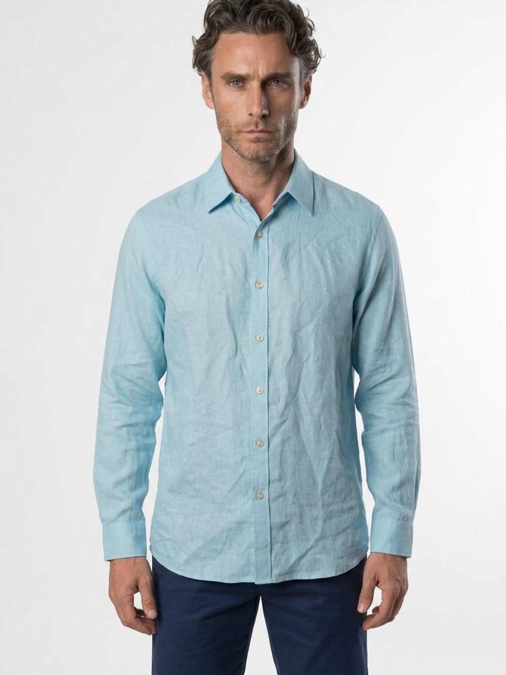 Men's Light Blue Long-Sleeve Button-Up Shirt Linen